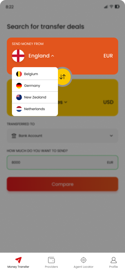 Search for transfer deals and compare live rates